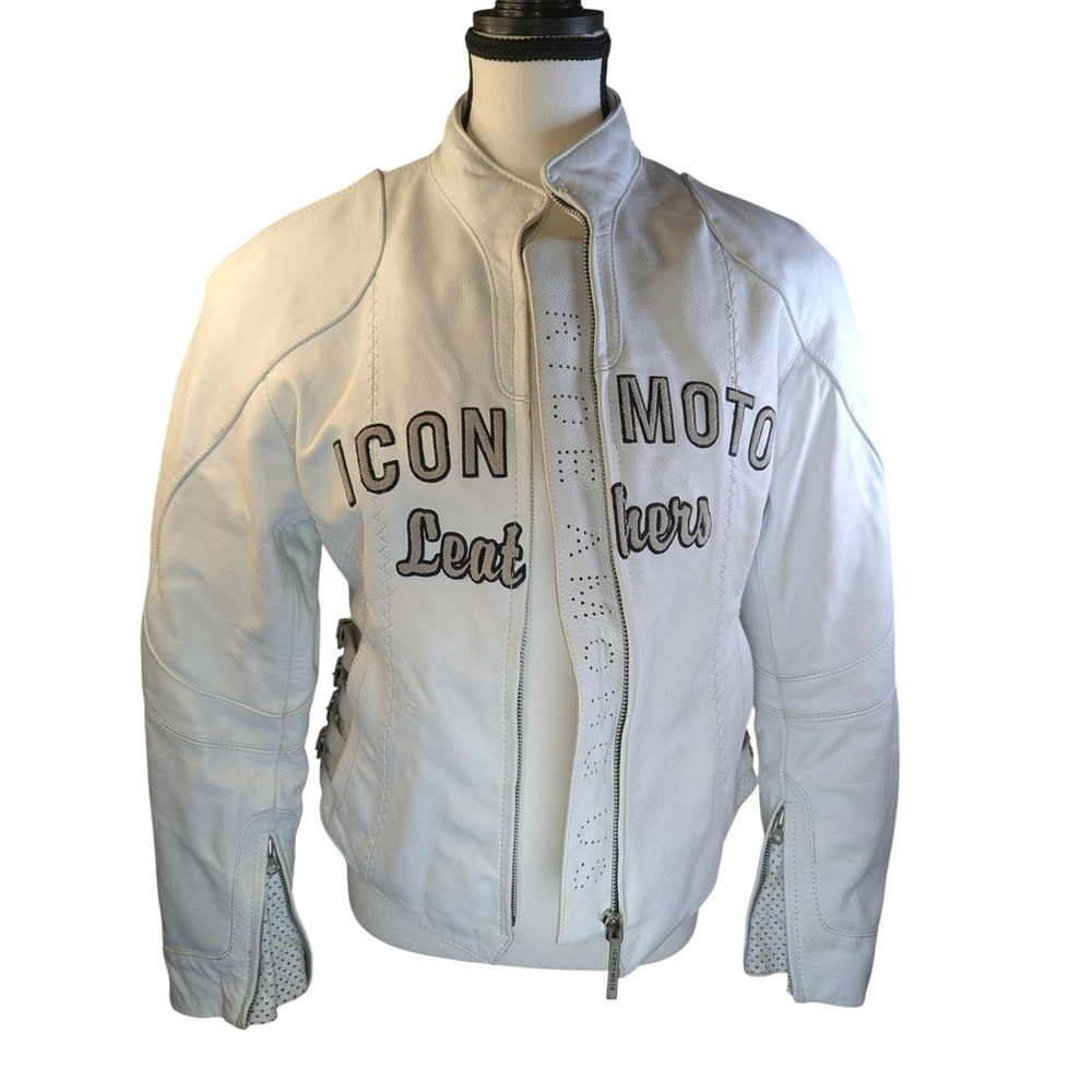Icon Moto Leathers White Leather Motorcycle Biker Riding Jacket Buckle Side Sm